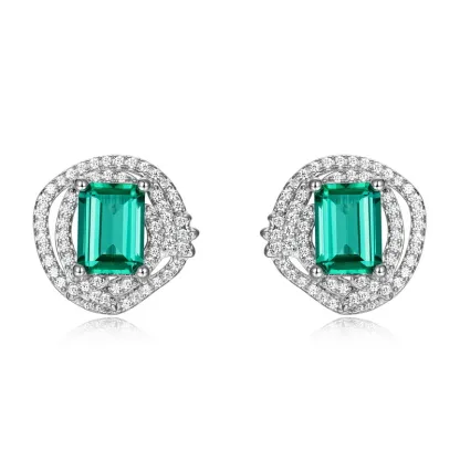 S925 Sterling Silver Emerald Cut Lab Grown Emerald Double Halo Stud Earrings for Women