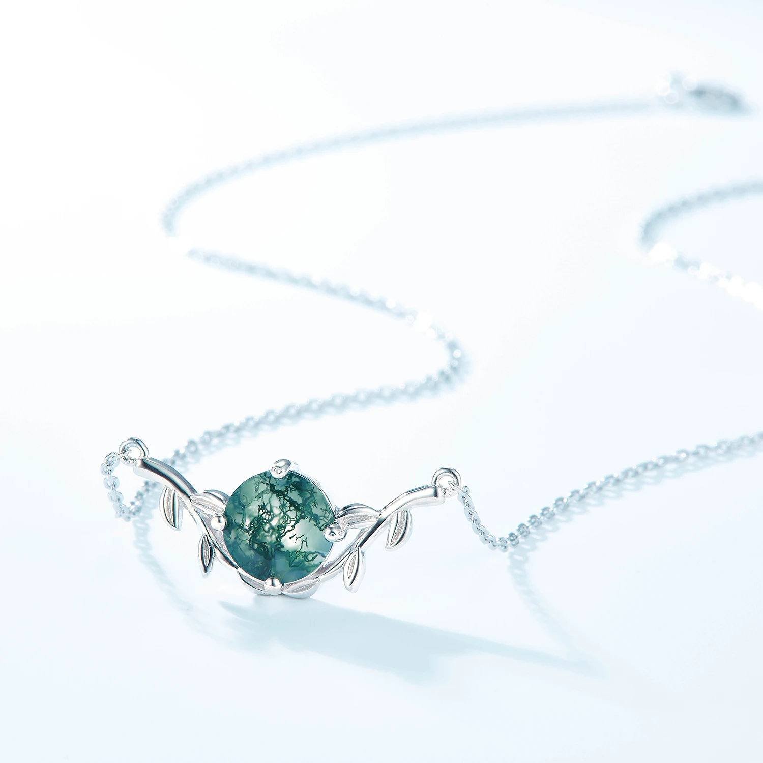 Jewelyking S925 Sterling Silver Green Moss Agate Pendant Necklace JKNS0081