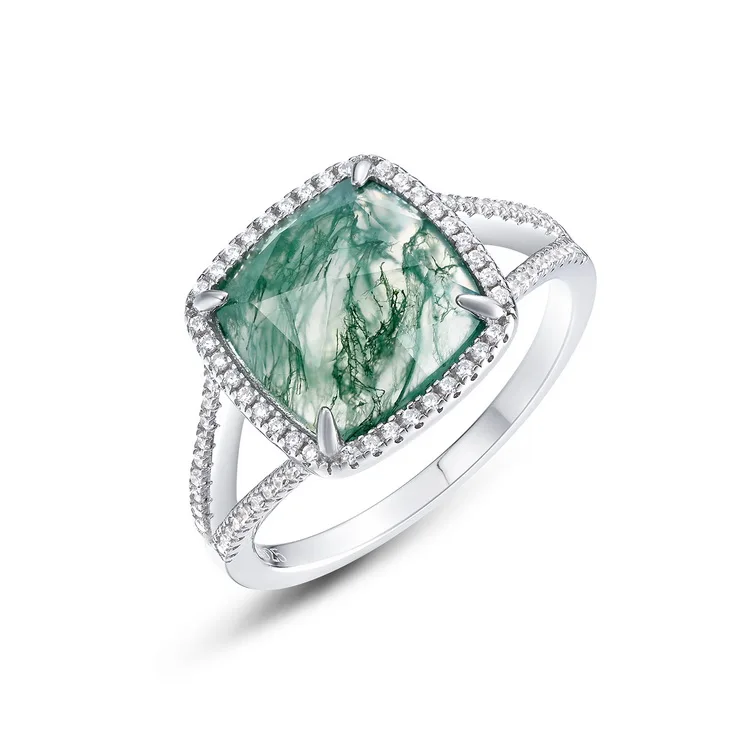JewelyKing S925 Silver Cushion Rose Cut Green Moss Agate Dainty Gemstone Solitaire Wedding Ring JKRS0210