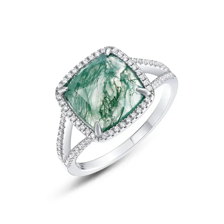 JewelyKing S925 Silver Cushion Rose Cut Green Moss Agate Dainty Gemstone Solitaire Wedding Ring JKRS0210