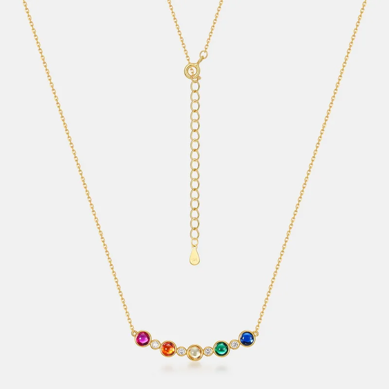 18k Gold Plated925 Sterling Silver Rainbow Colorful Round Pendant Necklace Link Chain for Women Wedding Statement Jewelry Charms