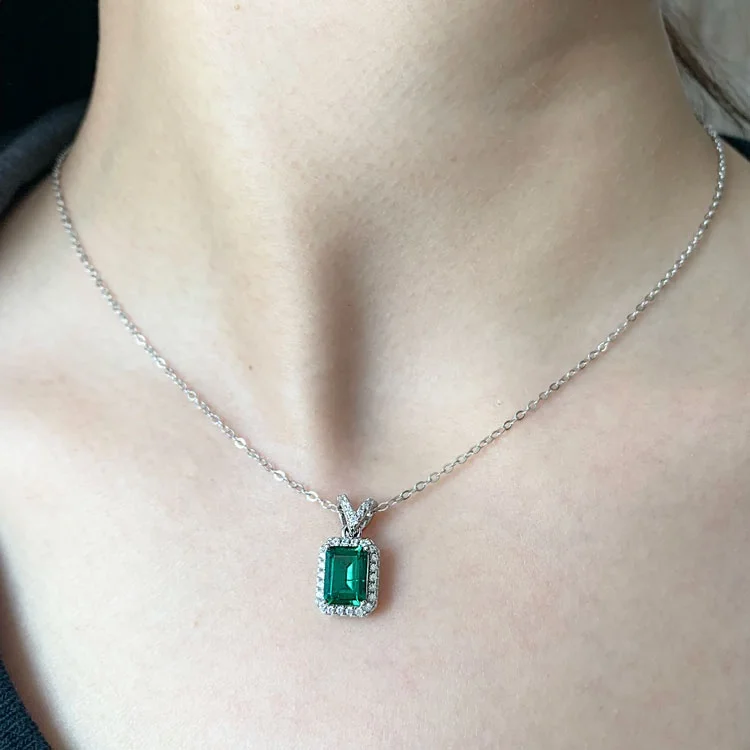 Classic Sterling Silver Rectangle Green Gemstone Pendant Cubic Zirconia Iced Out Square Lab Grown Emeralds Pendant Necklace