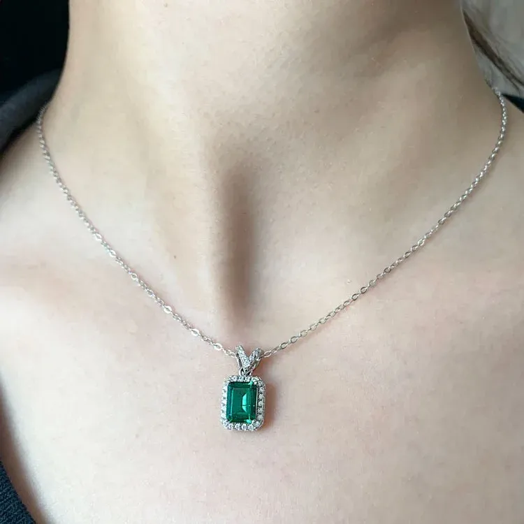 Classic Sterling Silver Rectangle Green Gemstone Pendant Cubic Zirconia Iced Out Square Lab Grown Emeralds Pendant Necklace