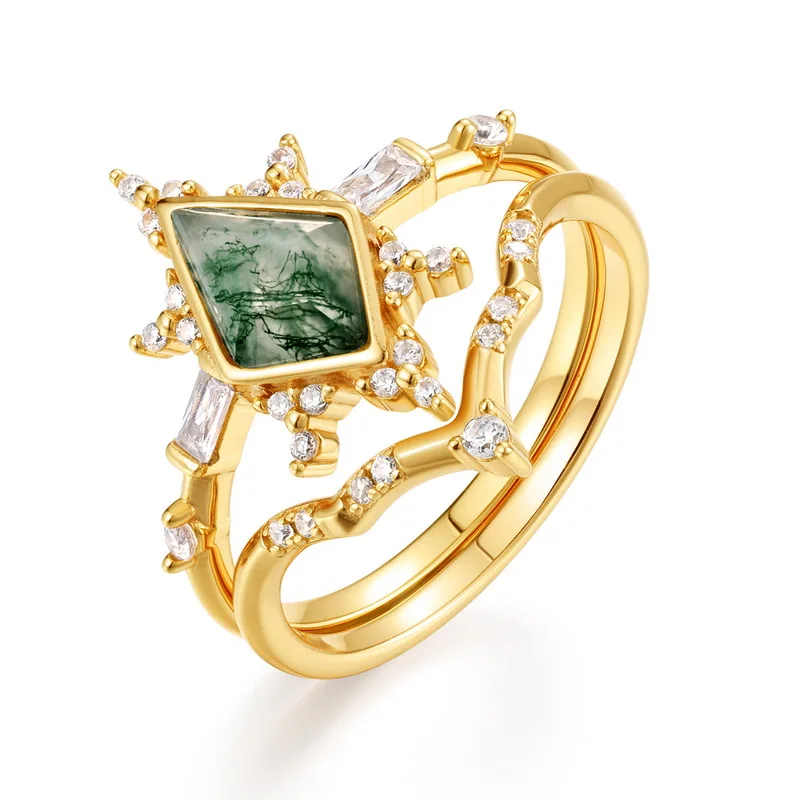 JewelyKing S925 Sterling Silver 14K Gold Moss Agate Rhombus Kite Cut Natural Gemstone Elegant Ring  JKRS0195