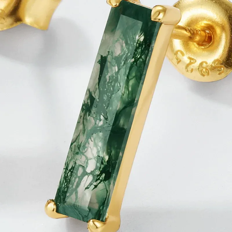 Jewelyking S925 Sterling Silver 18K Gold Green Moss Agate Bamboo Earrings JKES0092