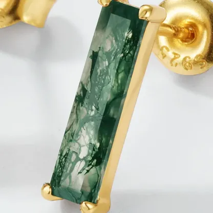 Jewelyking S925 Sterling Silver 18K Gold Green Moss Agate Bamboo Earrings JKES0092