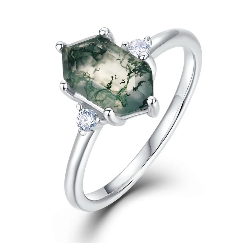 JewelyKing S925 Sterling Silver Green Moss Agate Hexagon Cut CZ Accent Natural Gemstone Solitaire Ring JKRS0009