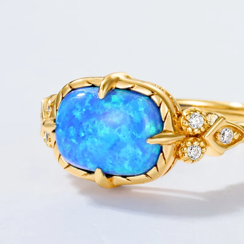 JewelyKing S925 Sterling Silver Vintage 18K Gold Plated Ring Synthetic Blue Opal Ring JKRS0267