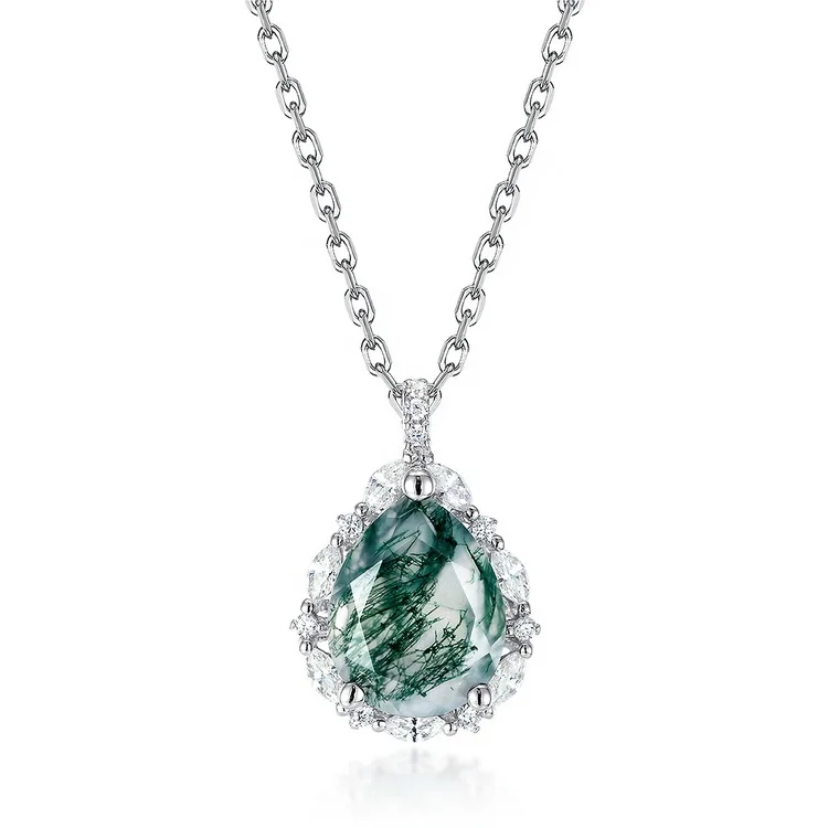 Jewelyking S925 Silver Natural Green Moss Agate Gemstone Pear Shape Pendant Necklace JKNS0109