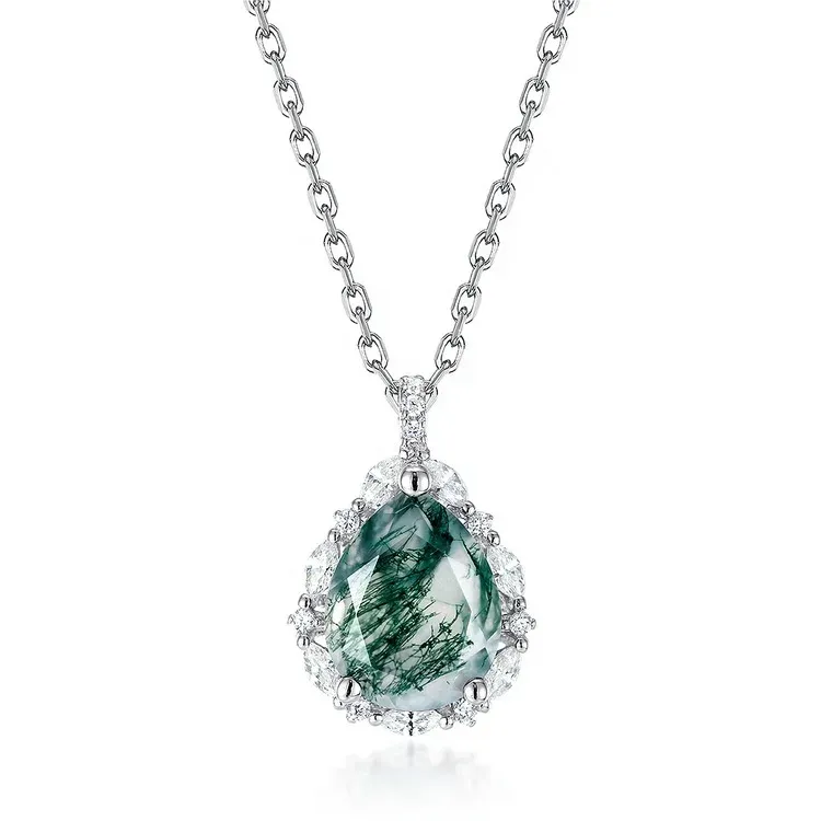 Jewelyking S925 Silver Natural Green Moss Agate Gemstone Pear Shape Pendant Necklace JKNS0109