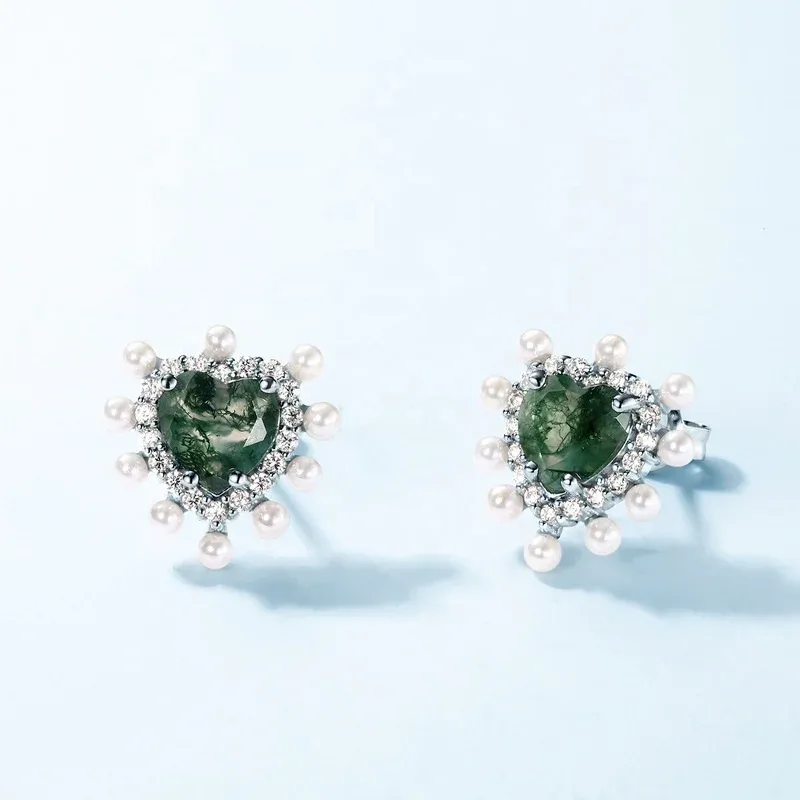 Jewelyking Dainty Real Silver Gemstone Bling Zircon Cute Heart Shape Moss Agate Stud Earrings JKES0080