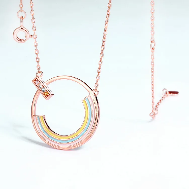 Rainbow Zircon Necklace Gold Plated Rose Real Gold 925 Sterling Silver Multicolor Pendant