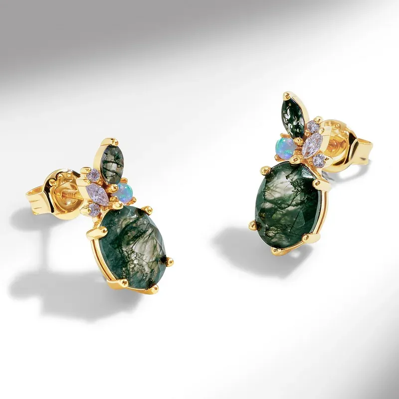 JewelyKing S925 Sterling Silver Green Moss Agate 14K Gold Plated Opal CZ Accent Oval Cut Stud Earrings Dangle Earrings JKRS0011
