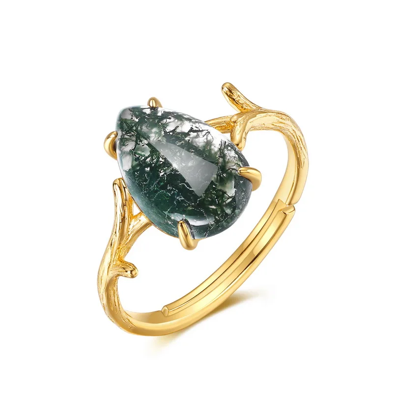 JewelyKing S925 Sterling Silver Green Moss Agate Gold Plated Pear Cut Nature Branch Adjustable Ring JKRS0156