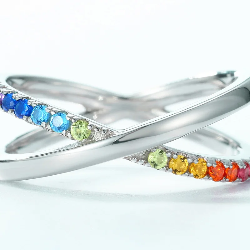 2026 New Design 925 Sterling Silver Rainbow Ring Faith Cross Multiple CZ Colored Zircon X Letter Ring Engagement for Girl Gift