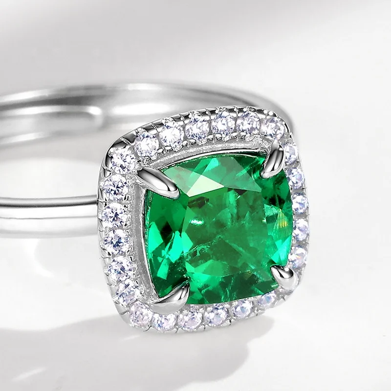 High Quality Jewelry 925 Sterling Silver Emerald Ring Cocktail Square Cut Created Green Emerald Gemstone Ring for Women