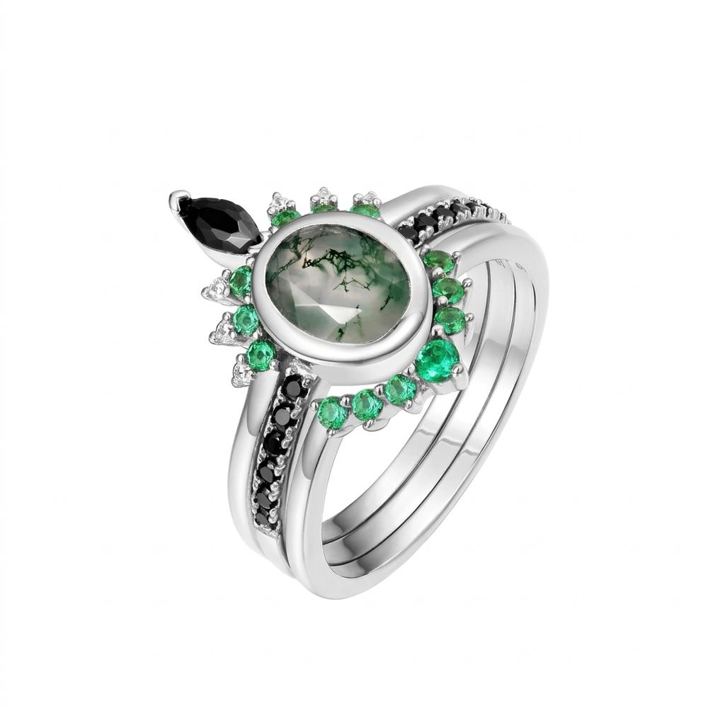 JewelyKing S925 Silver Gold Oval Moss Agate CZ Diamond Gemstone Gold Vermeil Rings