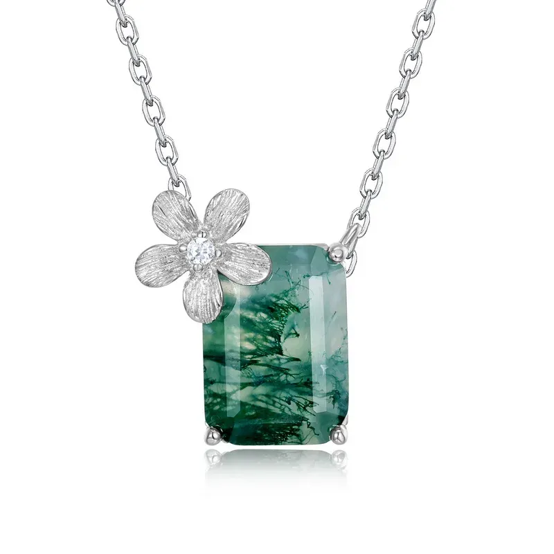 JewelyKing S925 Sterling Silver Green Moss Agate Flower Accent Rectangular Cut Gemstone Dainty Chain Necklace JKNS0027