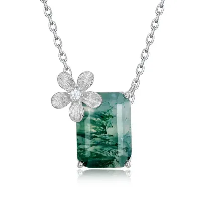 JewelyKing S925 Sterling Silver Green Moss Agate  Flower Accent Rectangular Cut Gemstone Dainty Chain Necklace JKNS0027