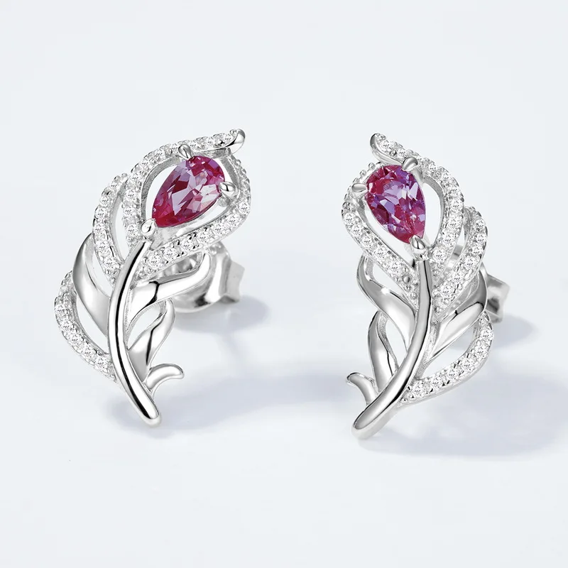 JewelyKing S925 Silver Unique French Feather Earrings Lab Grown Alexandrite  Party Wedding Earrings JNES0006