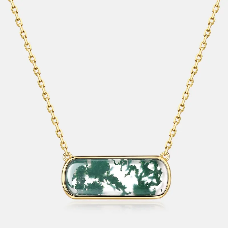 Jewelyking S925 Sterling Silver 18K Gold Plated Green Moss Agate Bar Pendant Necklace JKNS0101