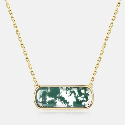 Jewelyking S925 Sterling Silver 18K Gold Plated Green Moss Agate Bar Pendant Necklace JKNS0101