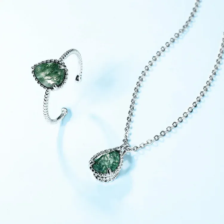 Jewelyking S925 Sterling Silver Elegant Style Moss Agate Garnet Citrine Pear Gemstone JKNS0080