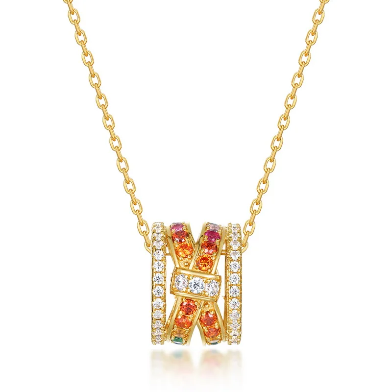 JewelyKing S925 Sterling Silver 14K Gold Plated Enamel Zircon Barrel Pendant Necklace JKNS0166