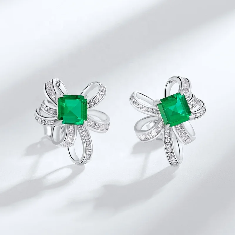 Luxury Jewelry 925 Silver Bling Cubic Zirconia Bowknot Earrings Studs Elegant Fashion Square Cut Lab Grown Emeralds Earrings