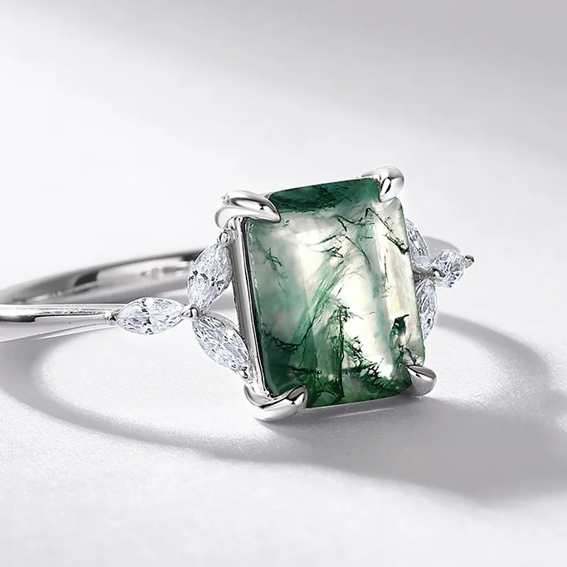 JewelyKing Emerald Cut Natural Moss Agate S925 Sterling Silver  Leaf Design Vintage Engagement Ring JKRS0136