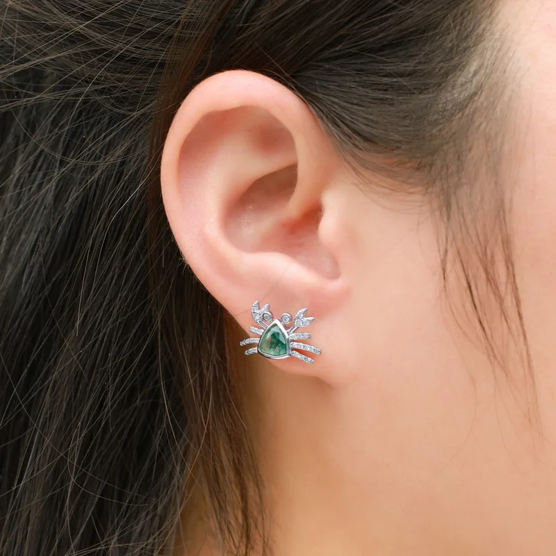 Jewelyking S925 Silver Natural Moss Agate Pave Daily Wear Stud Earrings JKES0103