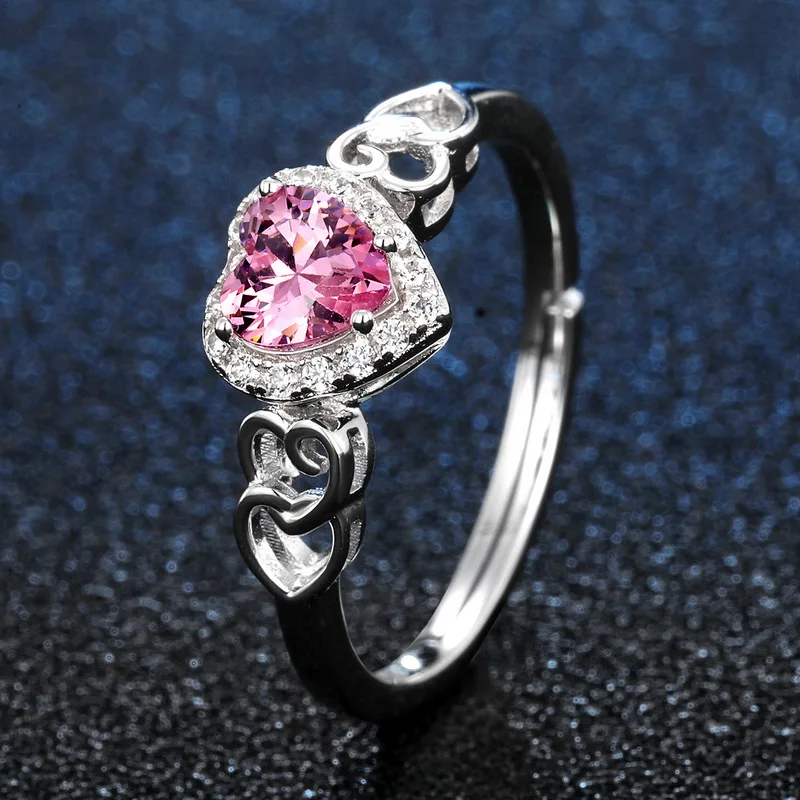JewelyKing S925 Sterling Silver Pink Heart Spinel Side Inlaid Cz Diamond Engagement Ring JKRS0261