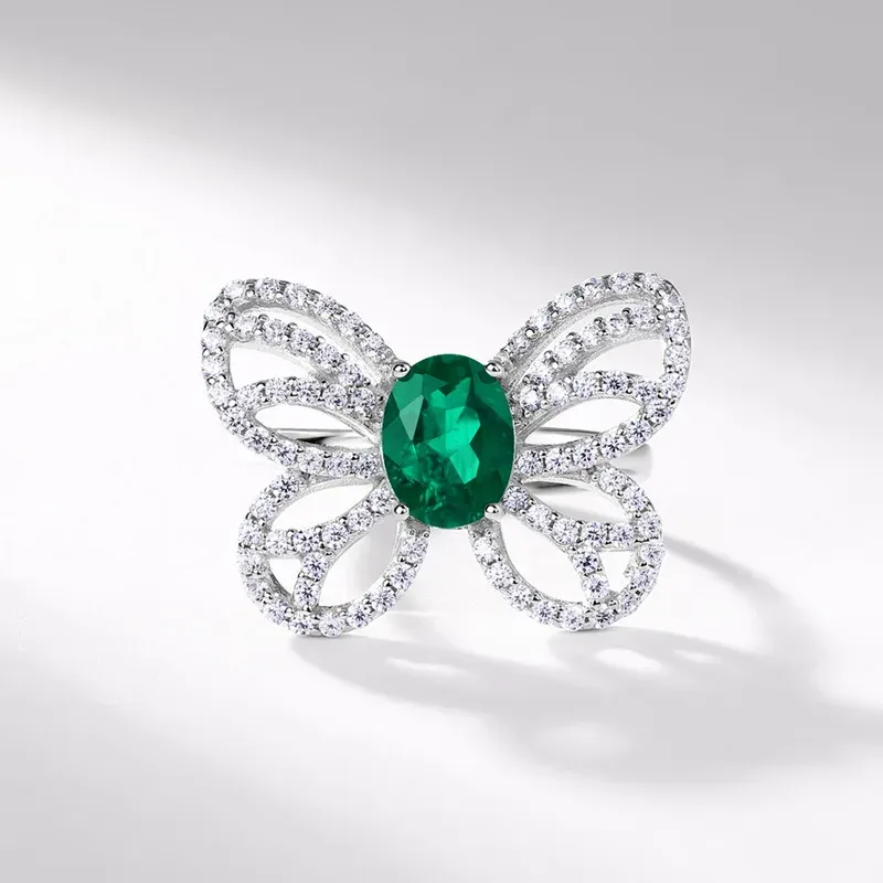 Panyu Custom Luxury Butterfly Design Lab Grown Emerald Ring 925 Sterling Silver Gemstone Jewelry