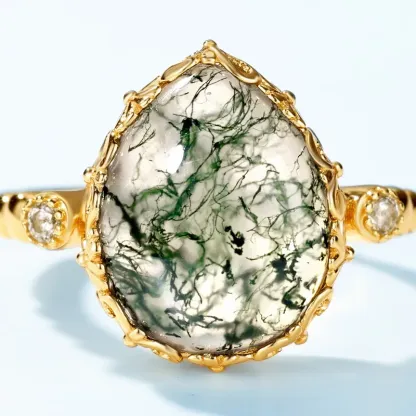 JewelyKing S925 Silver Water Drop Natural Green Moss Stone Inlaid Water Grass Agate Finger Ring JKRS0157