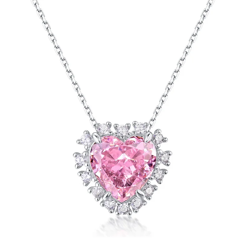 JewelyKing S925 Sterling Silver Pink Heart Gemstone High Carbon Diamond Colorful Pendant Necklace JKNS0168