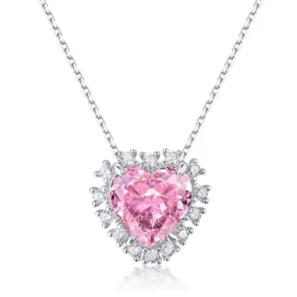 JewelyKing S925 Sterling Silver Pink Heart Gemstone High Carbon Diamond Colorful Pendant Necklace JKNS0168