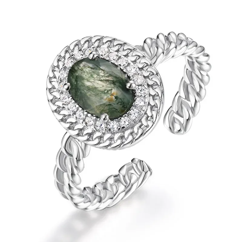 JewelyKing S925 Sterling Silver Natural Green Moss Agate Delicate Wedding Ring JKRS0196