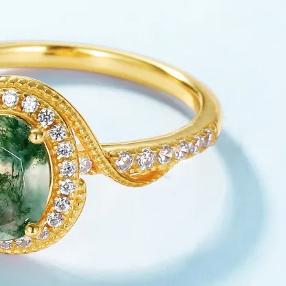 JewelyKing S925 Sterling Silver Round Cut Natural Gemstone Jewelry 18k Gold Plated Green Moss Agate CZ Engagement Ring JKRS0130