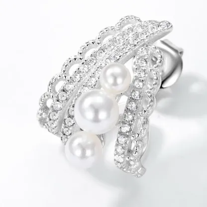 JewelyKing S925 Sterling Silver Shell Pearl Cluster Climber Earrings CZ Accent Vintage Lace Filigree Bridal Statement Earrings JKES0011