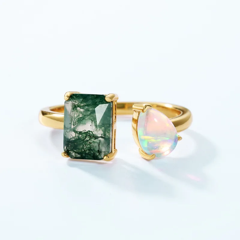 Jewelykin S925 Sterling Silver Ins Style French Vintage Colored Opal Green Moss Agate Inlay Open Adjustable JKRS0125