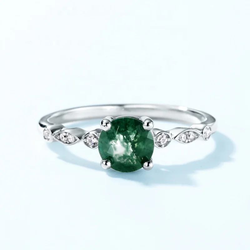 JewelyKing S925 Sterling Silver Retro Gemstone Dainty Cubic Zirconia Round Natural Green Moss Agate Engagement Ring JKRS0225
