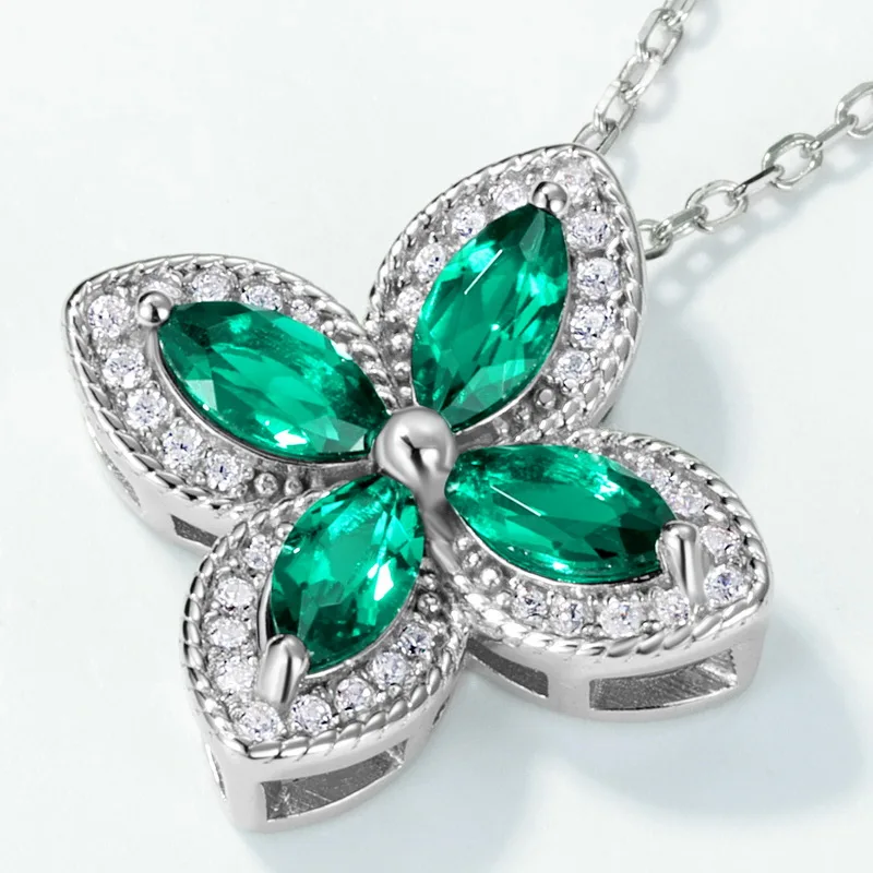 JewelyKing S925 Sterling Silver Lab Grown Emerald Clover Necklace JKNS0021