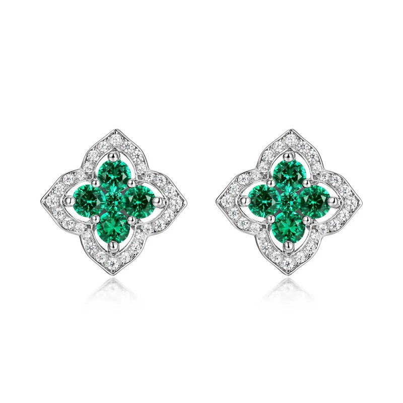 Silver Sterling S925 Earring  Premium Design Four Leaf Clover Flower Lab Grown Emerald Ear Stud