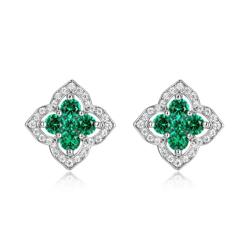 Silver Sterling S925 Earring  Premium Design Four Leaf Clover Flower Lab Grown Emerald Ear Stud