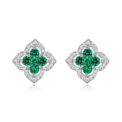 Silver Sterling S925 Earring  Premium Design Four Leaf Clover Flower Lab Grown Emerald Ear Stud