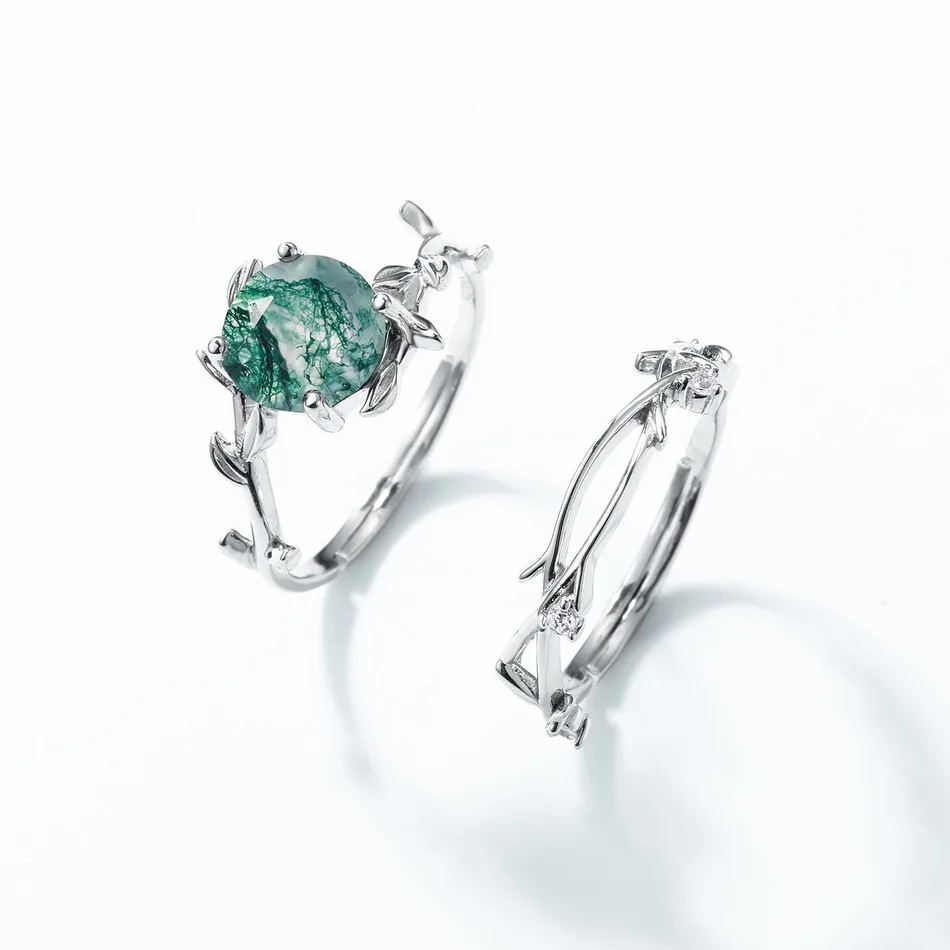 JewelyKing S925 Sterling Silver Green Moss Agate Hexagon Cut Natural Gemstone Vine Leaf CZ Accent Adjustable Solitaire Ring JKRS0159