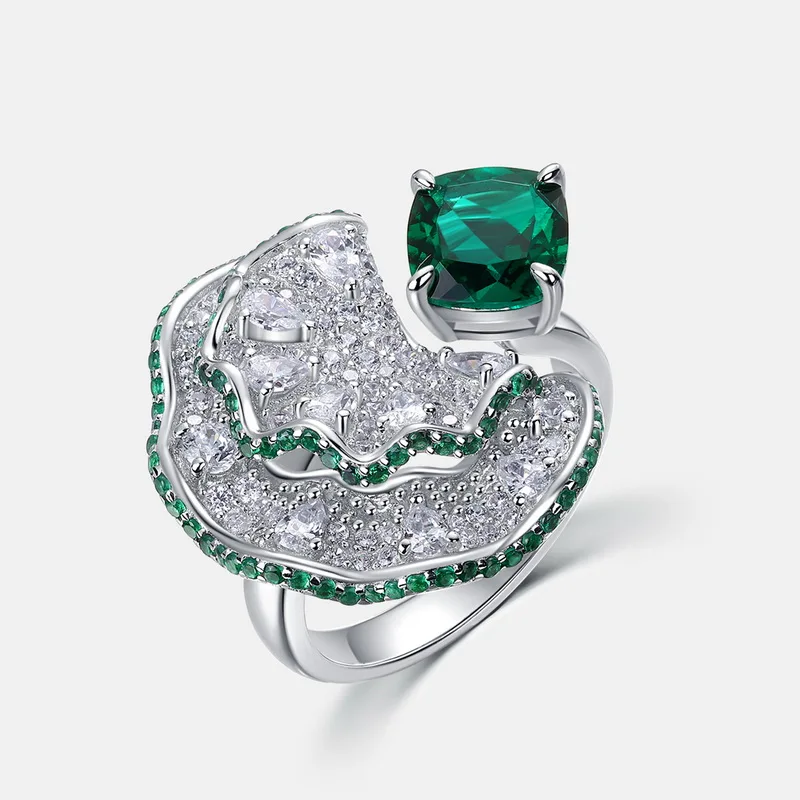 Panyu 925 Silver Adjustable Ring Lab Created Emerald Elegant Fan Shaped Gemstone Design