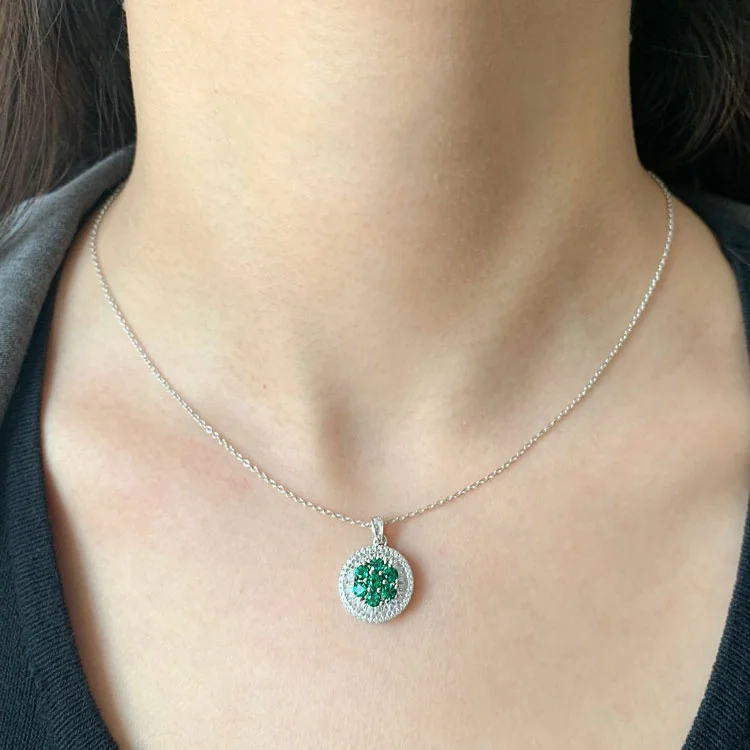 925 Sterling Silver Green Gemstone With 3A Zircon Flower Pendant Bling Shiny Lab Made Emerald Pendant Necklace