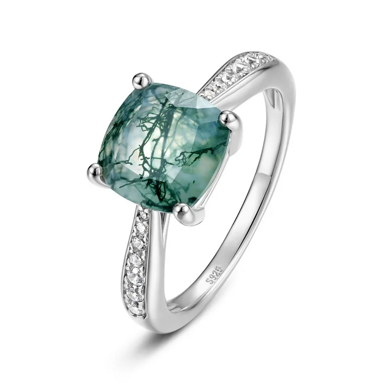 JewelyKing S925 Sterling Silver Moss Agate Cushion Cut Natural Green Moss Stone Jewelry Ring JKRS0006