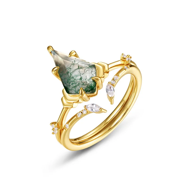 JewelyKing S925 Sterling Silver Kite Shape Natural Green Moss Agate Engagement Ring JKRS0246